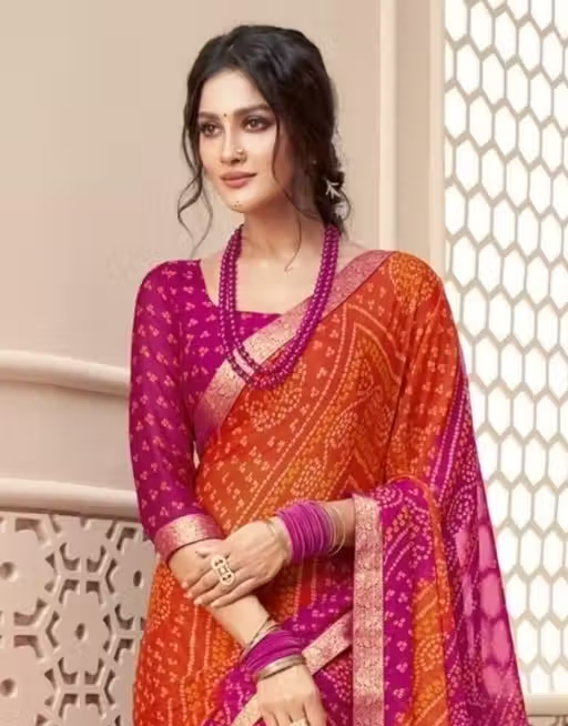 Bandhani Best Daily Wear Georgette Printed Saree With Full Saree Lace Border With Running Unstitched Blouse Piece Fancy Women's Designer Saree Most Trending Sari Bollywood Saree Georgette Ki Sadi Daily Use Sadi Nai Design Of Sadi Fancy Saree Naye Design Of Saree Poonam Saree New Arrival Latest Sari - Image 4