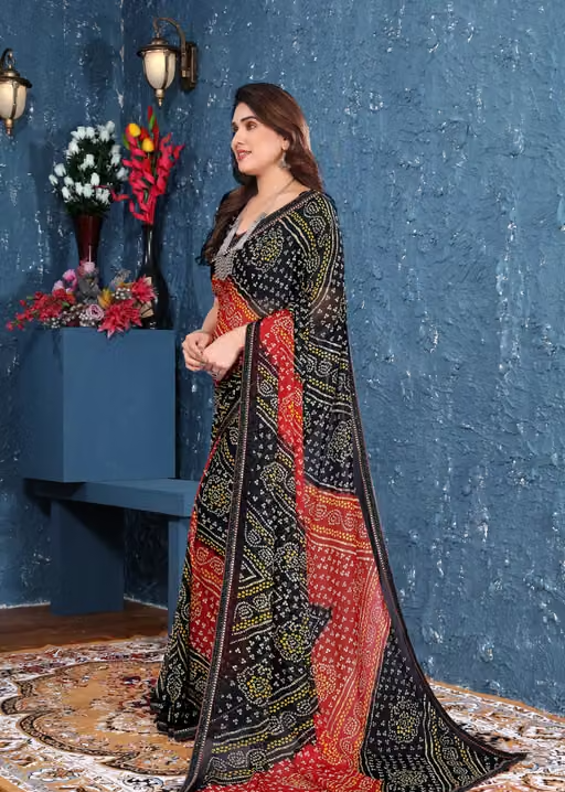 Black saree bandhani saree trending saree georgette saree - Image 2