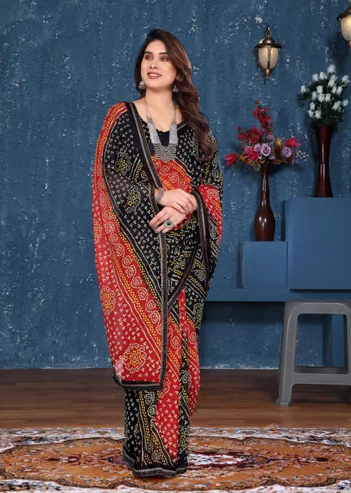 Black saree bandhani saree trending saree georgette saree - Image 4