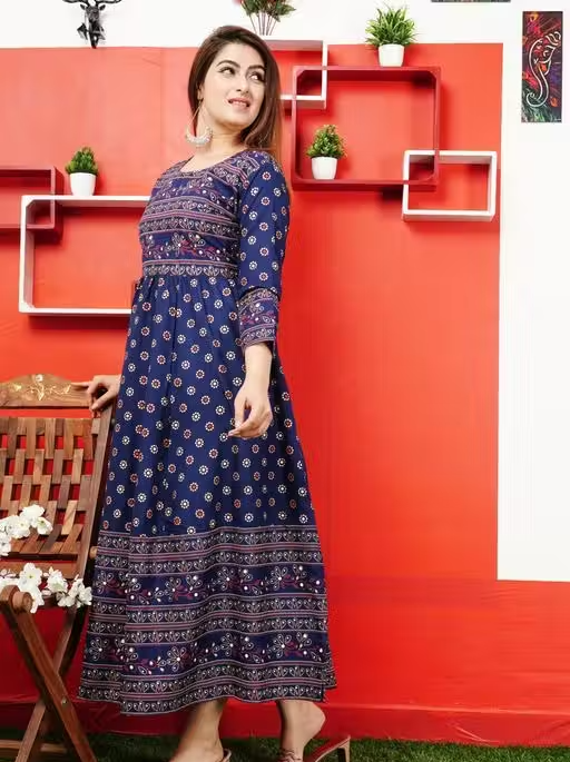 Stylish Rayon Printed Teal Anarkli kurtis For women