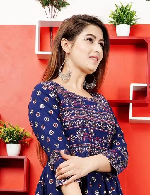 Stylish Rayon Printed Teal Anarkli kurtis For women - Image 3