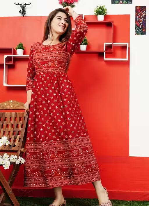 Stylish Rayon Printed Maroon Anarkli kurtis For women