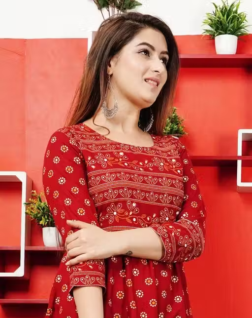 Stylish Rayon Printed Maroon Anarkli kurtis For women - Image 3