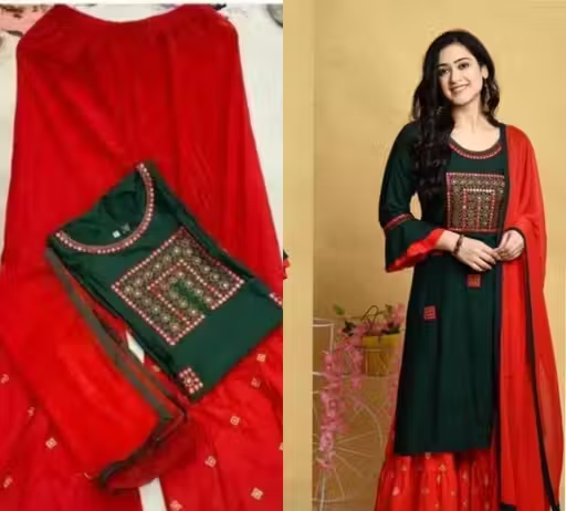Embroidered Rayon Kurta Sharara for Women