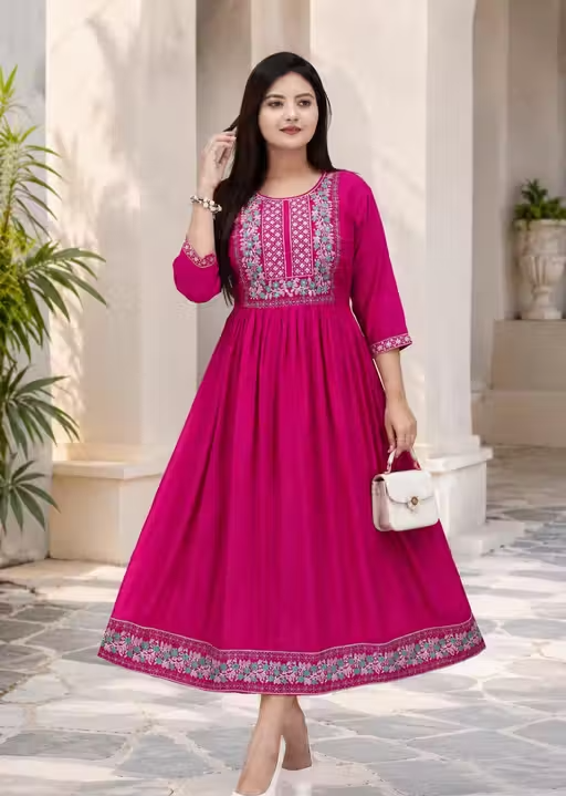 New Trendy Women Embroidery Cotton Rayon Fabric Kurta Pink Color