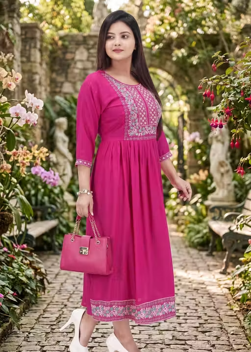 New Trendy Women Embroidery Cotton Rayon Fabric Kurta Pink Color - Image 2
