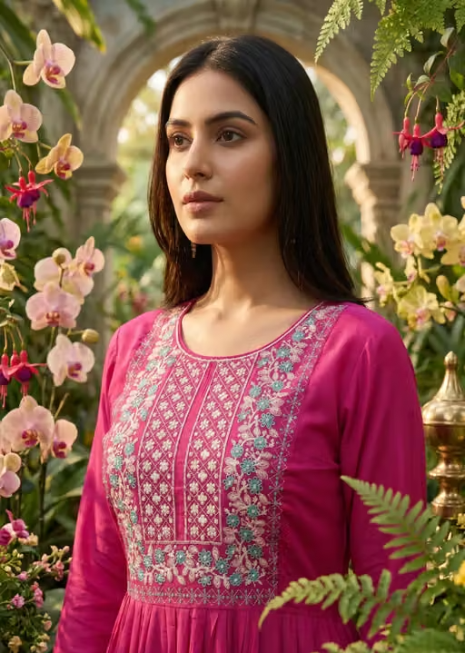 New Trendy Women Embroidery Cotton Rayon Fabric Kurta Pink Color - Image 4