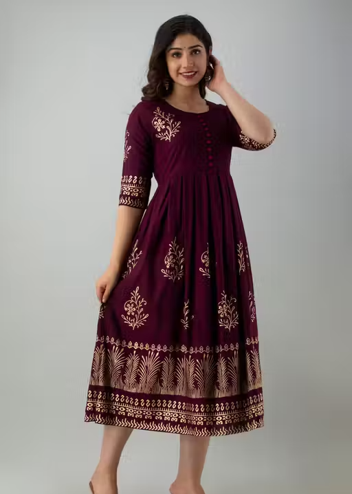 Women's Rayon Printed Trendy Anarkali Long Flared Kurti - Image 3