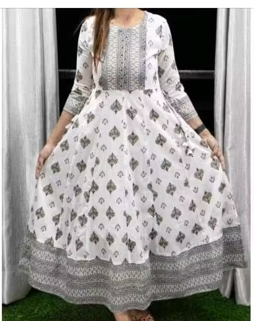 White Anarkali Gold Print Kurti for Women