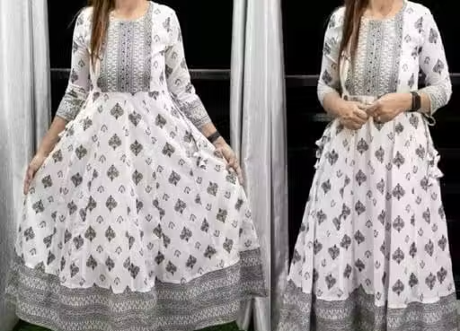 White Anarkali Gold Print Kurti for Women - Image 3