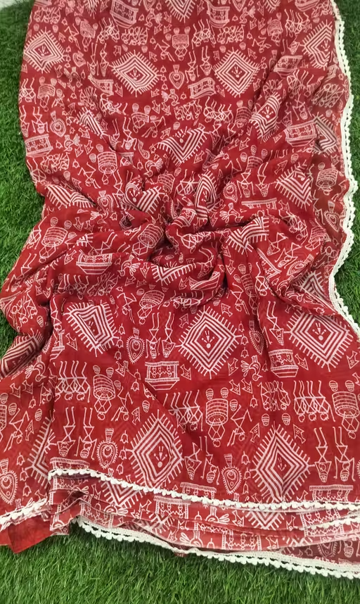 Gullak New Printed Georgette Saree with Warli Print and Pom -Pom border - Image 4