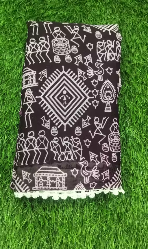 Gullak New Printed Georgette Saree with Warli Print and Pom -Pom border - Image 3