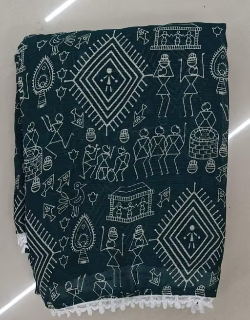 Gullak New Printed Georgette Saree with Warli Print and Pom -Pom border