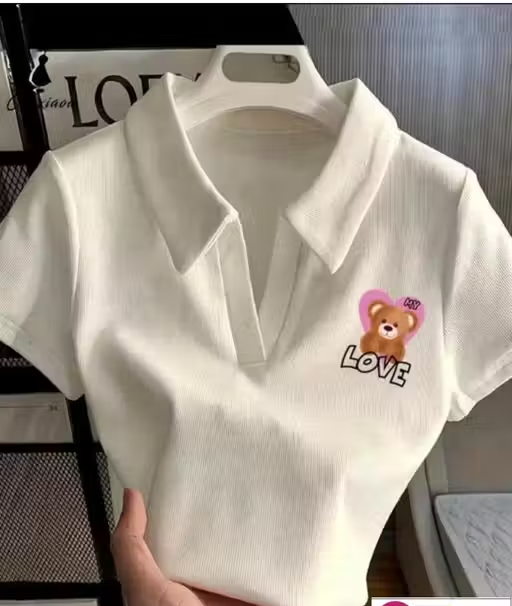 Stylish Half Sleeves Sticker Printed Collar Top