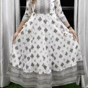 White Anarkali Gold Print Kurti for Women