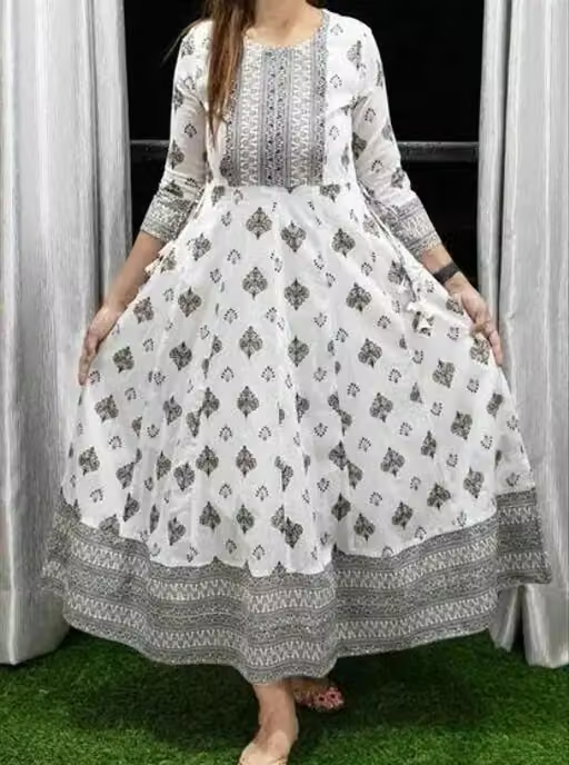 White Anarkali Gold Print Kurti for Women