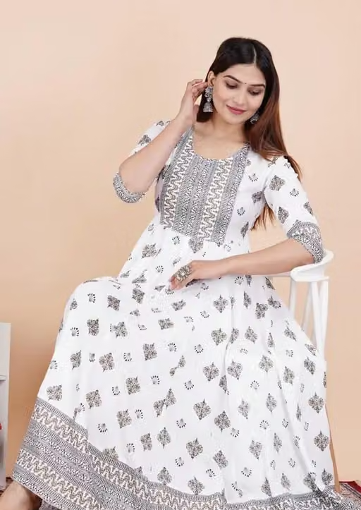 White Anarkali Gold Print Kurti for Women - Image 2