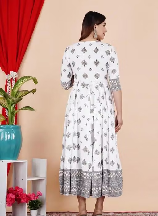 White Anarkali Gold Print Kurti for Women - Image 3
