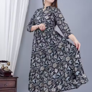 Women's Stylish Full Flair Anrakali Rayon Jaipur printed Black Kurta