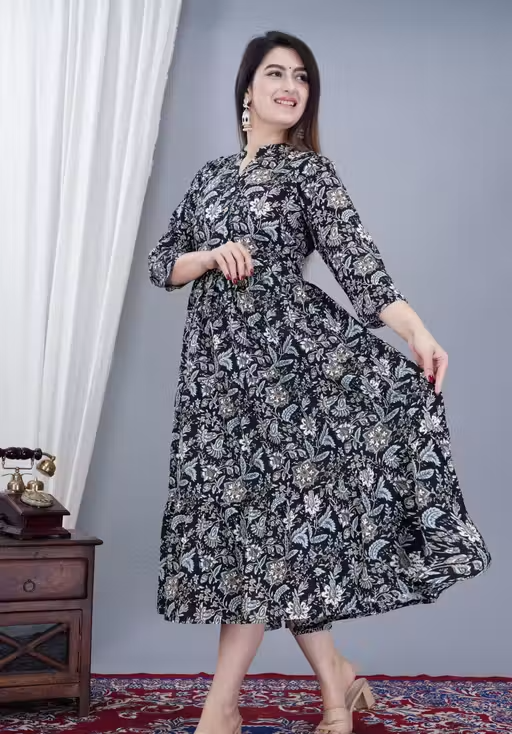 Women's Stylish Full Flair Anrakali Rayon Jaipur printed Black Kurta