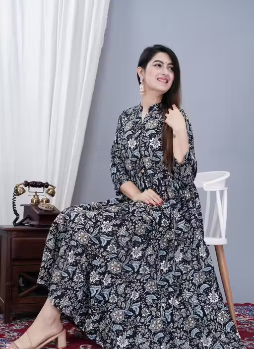 Women's Stylish Full Flair Anrakali Rayon Jaipur printed Black Kurta - Image 2