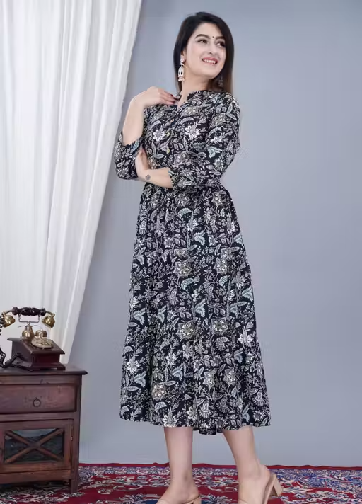 Women's Stylish Full Flair Anrakali Rayon Jaipur printed Black Kurta - Image 3
