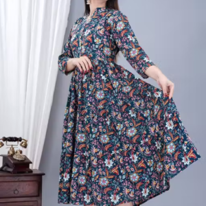 Women's Stylish Full Flair Anrakali Rayon Jaipur printed Dgreen Kurta