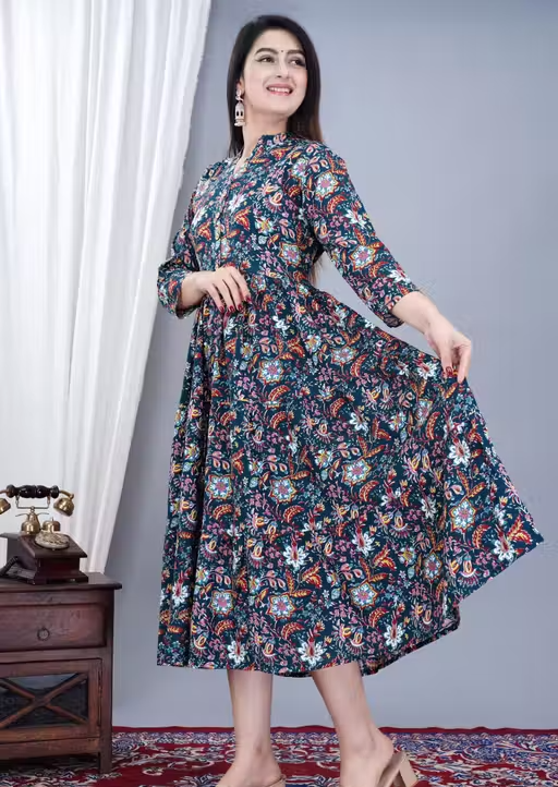 Women's Stylish Full Flair Anrakali Rayon Jaipur printed Dgreen Kurta