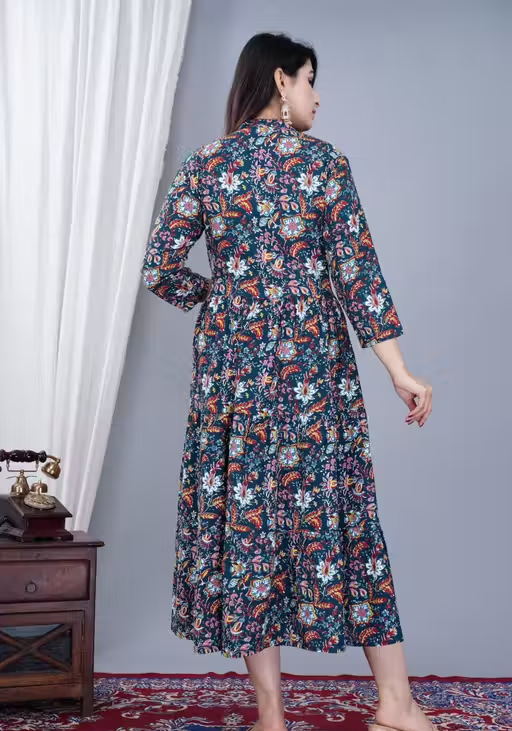 Women's Stylish Full Flair Anrakali Rayon Jaipur printed Dgreen Kurta - Image 2