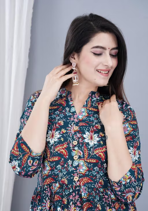 Women's Stylish Full Flair Anrakali Rayon Jaipur printed Dgreen Kurta - Image 3