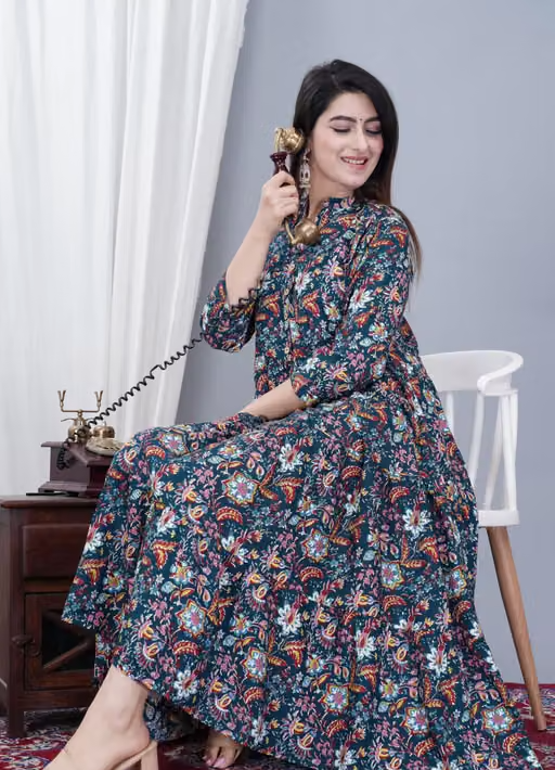 Women's Stylish Full Flair Anrakali Rayon Jaipur printed Dgreen Kurta - Image 4