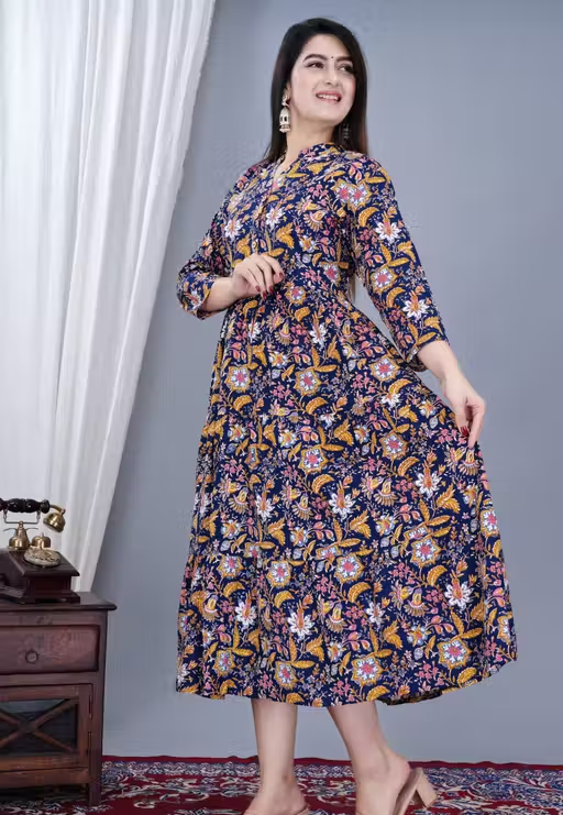 Women's Stylish Full Flair Anrakali Rayon Jaipur printed Blue Kurta
