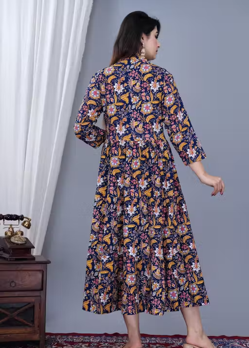 Women's Stylish Full Flair Anrakali Rayon Jaipur printed Blue Kurta - Image 2