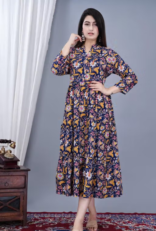 Women's Stylish Full Flair Anrakali Rayon Jaipur printed Blue Kurta - Image 3