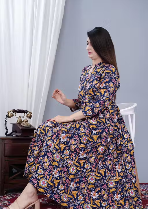 Women's Stylish Full Flair Anrakali Rayon Jaipur printed Blue Kurta - Image 4