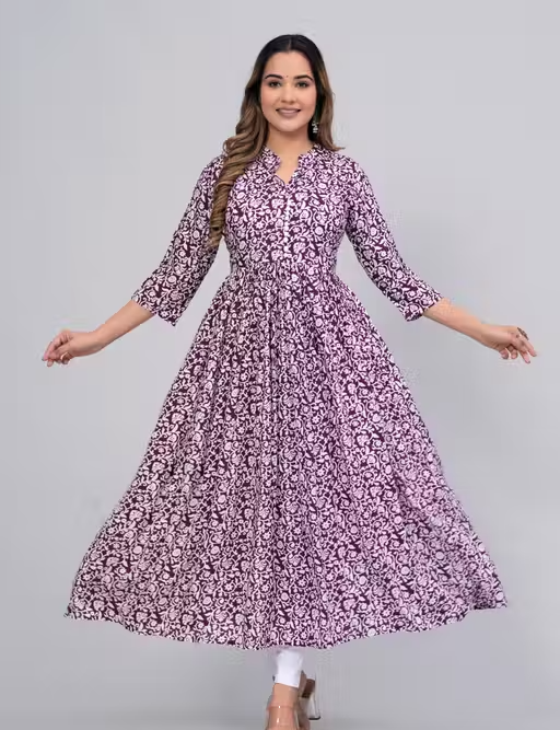 SANGANERI KURTI Women Rayon Anarkali Latest Gaithering Kurti Chinkenkari Anarkali Jaipuri - Image 2