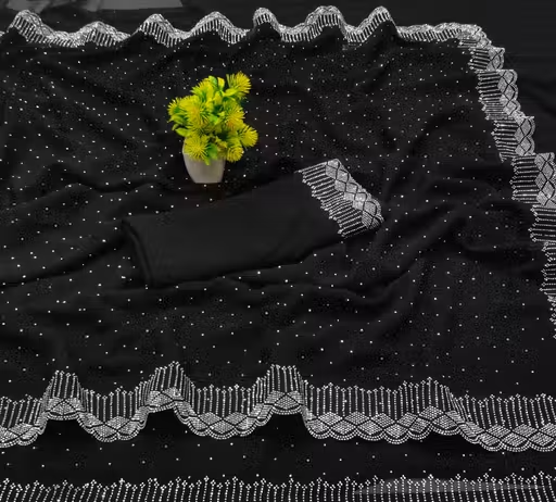 Dyed, Embellished, Self Design, Floral Print, Applique, Ombre, Striped, Solid/Plain Bollywood Georgette Saree (BLACK)