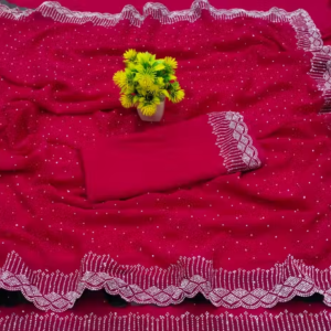 Dyed, Embellished, Self Design, Floral Print, Applique, Ombre, Striped, Solid/Plain Bollywood Georgette Saree (CHERRY)