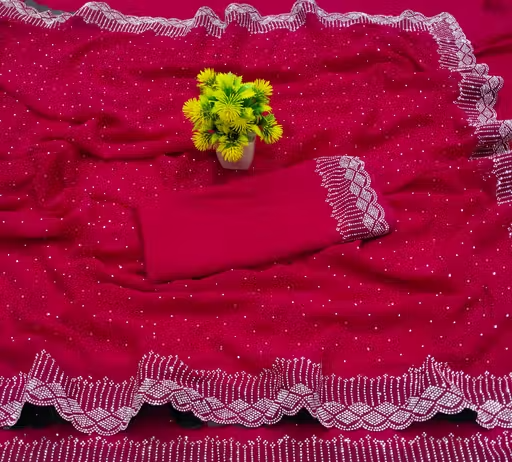 Dyed, Embellished, Self Design, Floral Print, Applique, Ombre, Striped, Solid/Plain Bollywood Georgette Saree (CHERRY)
