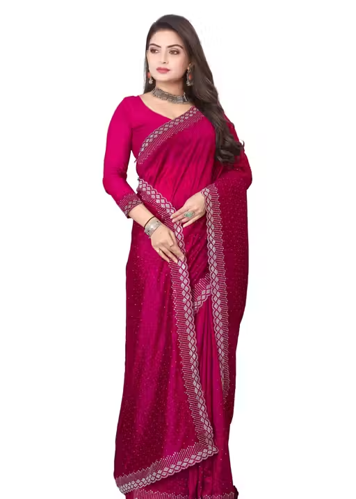 Dyed, Embellished, Self Design, Floral Print, Applique, Ombre, Striped, Solid/Plain Bollywood Georgette Saree (CHERRY) - Image 2