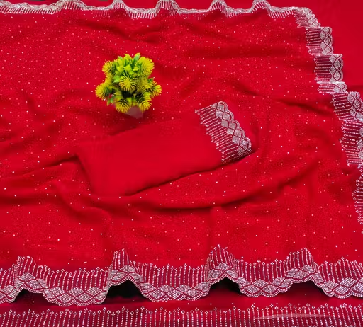 Dyed, Embellished, Self Design, Floral Print, Applique, Ombre, Striped, Solid/Plain Bollywood Georgette Saree (RED)