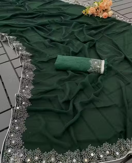 FASHION SOFT GEORGETTE WITH SIROSKI DIAMONDS WORK WEDDING CREATION & PARTY WEAR SAREE - Image 2