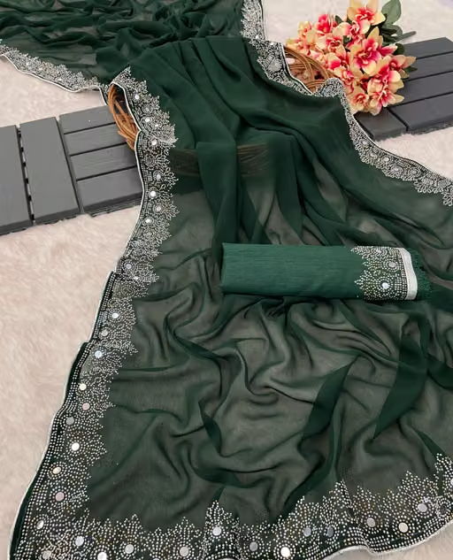 FASHION SOFT GEORGETTE WITH SIROSKI DIAMONDS WORK WEDDING CREATION & PARTY WEAR SAREE - Image 4