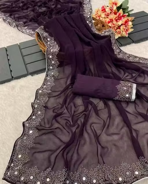 FASHION SOFT GEORGETTE WITH SIROSKI DIAMONDS WORK WEDDING CREATION & PARTY WEAR SAREE - Image 2
