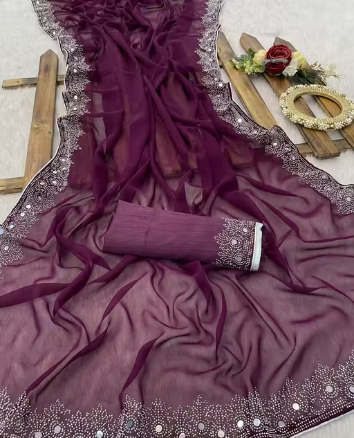 FASHION SOFT GEORGETTE WITH SIROSKI DIAMONDS WORK WEDDING CREATION & PARTY WEAR SAREE - Image 4