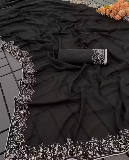 FASHION SOFT GEORGETTE WITH SIROSKI DIAMONDS WORK WEDDING CREATION & PARTY WEAR SAREE - Image 2