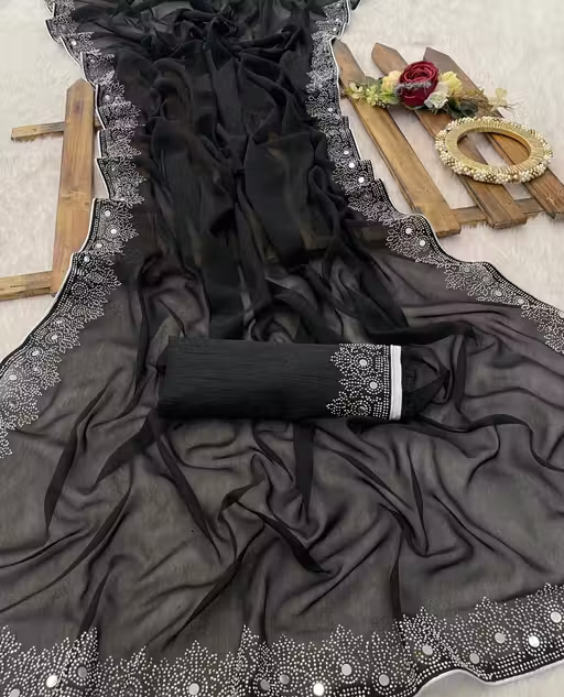 FASHION SOFT GEORGETTE WITH SIROSKI DIAMONDS WORK WEDDING CREATION & PARTY WEAR SAREE - Image 3