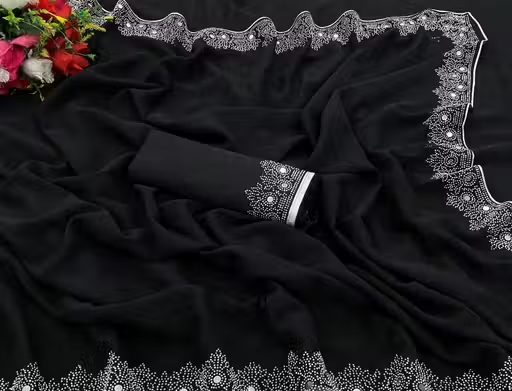 FASHION SOFT GEORGETTE WITH SIROSKI DIAMONDS WORK WEDDING CREATION & PARTY WEAR SAREE - Image 4