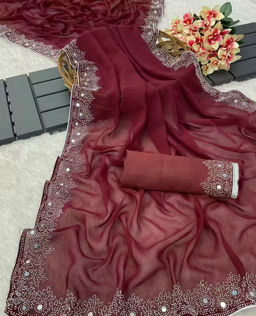 FASHION SOFT GEORGETTE WITH SIROSKI DIAMONDS WORK WEDDING CREATION & PARTY WEAR SAREE - Image 2