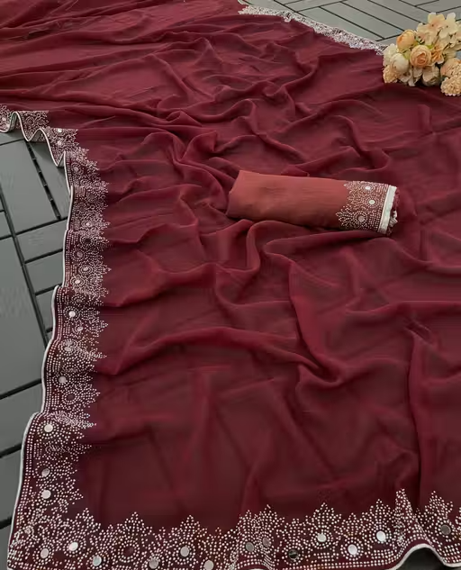 FASHION SOFT GEORGETTE WITH SIROSKI DIAMONDS WORK WEDDING CREATION & PARTY WEAR SAREE - Image 3